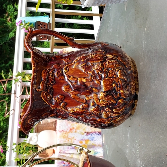 Antique yellow wear 9" large pitcher Bennington Pottery glazed raised 1800 - Picture 3 of 17
